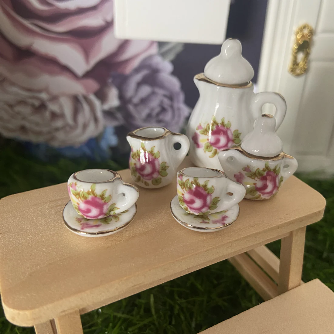 15-Piece Porcelain 1:12 Scale Miniature Dollhouse Tea Set - Image 3